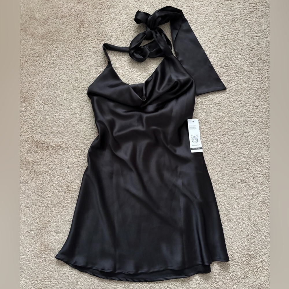 NWT Cantonwalker Women's Cowl Neck Halter Slip On Satin Mini Dress Black